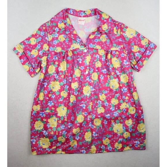 VINTAGE WOMEN'S PINK FLORAL PRINT SHORT SLEEVE BUTTON-UP SHIRT - HABAND - SIZE M - Picture 2 of 8
